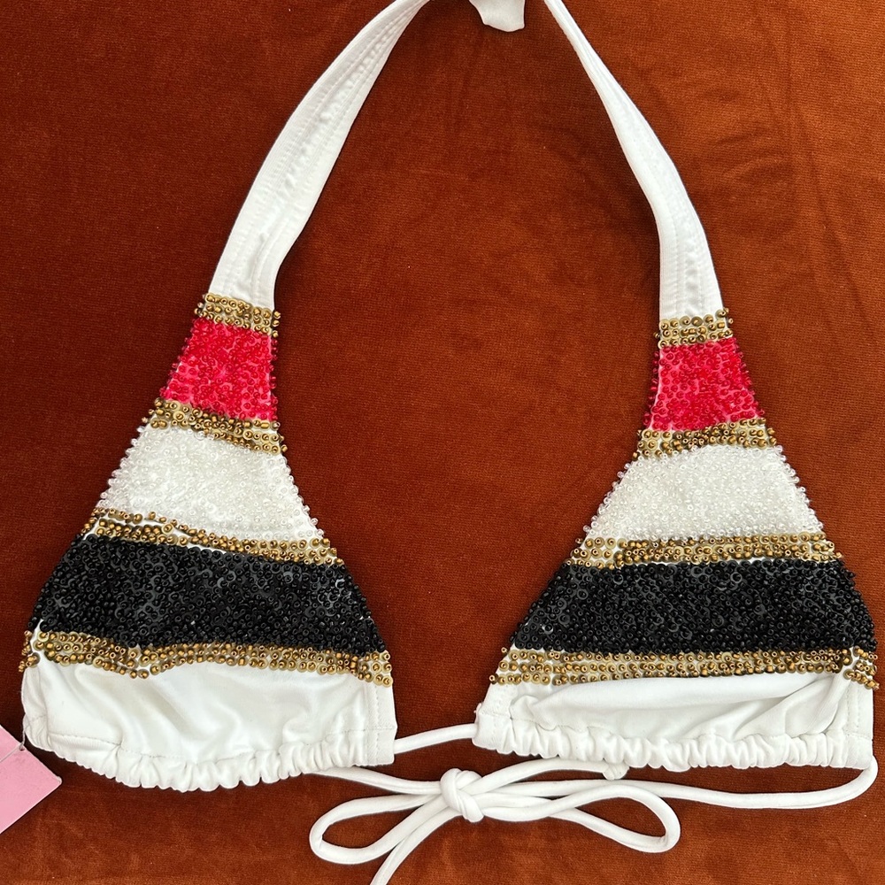 Beautiful New Italian Beaded Triangle Top Black O Ring bottom Bikini Set Large - Picture 9 of 9